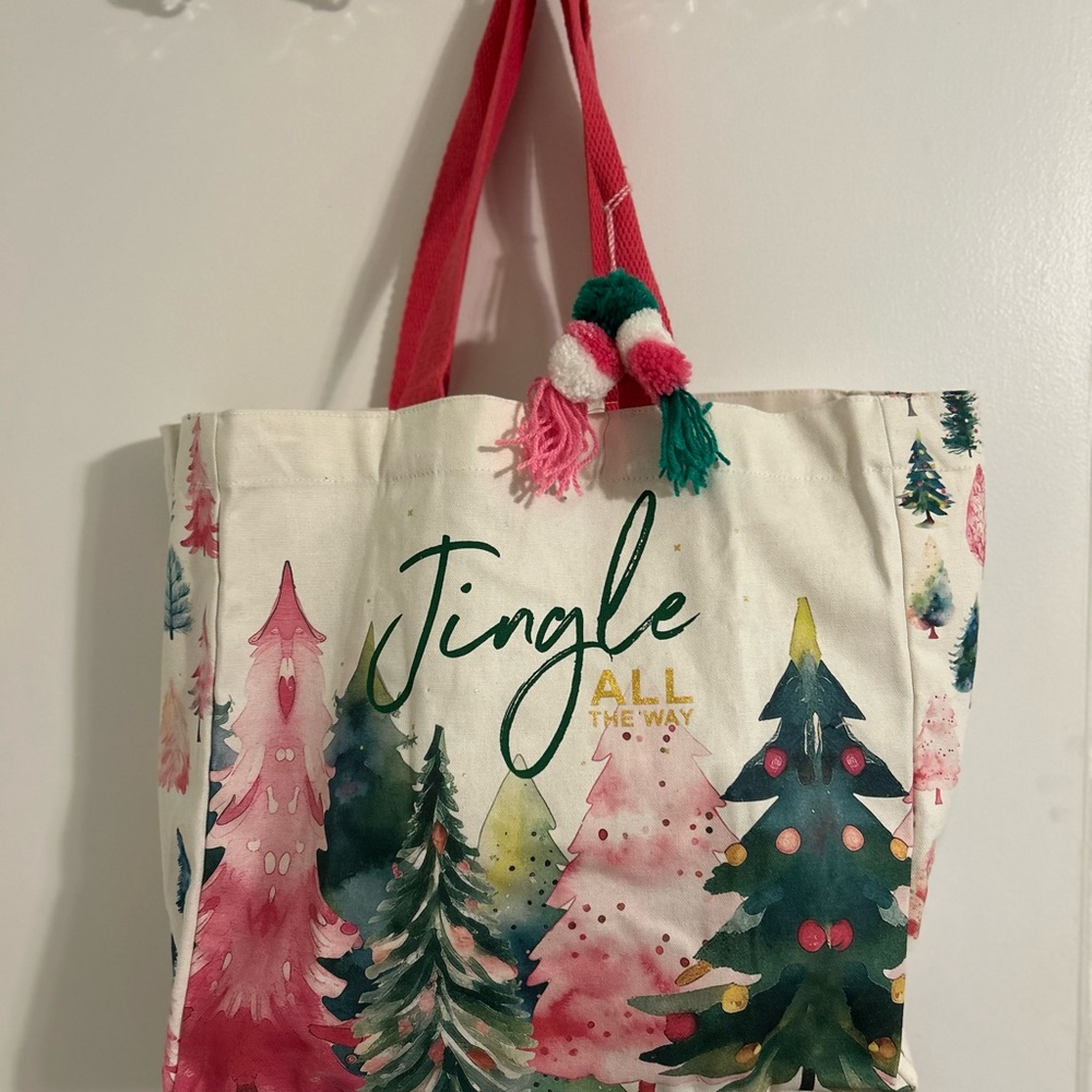 Jingle All the Way Fabric Christmas Tote bag large size NWT